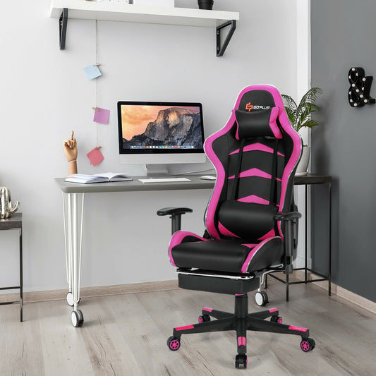 Massage LED Gaming Chair with Lumbar Support and Footrest, Pink - Gallery Canada