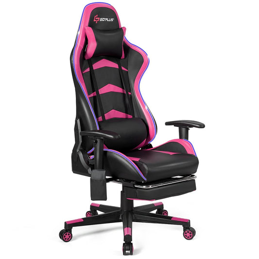 Massage LED Gaming Chair with Lumbar Support and Footrest, Pink