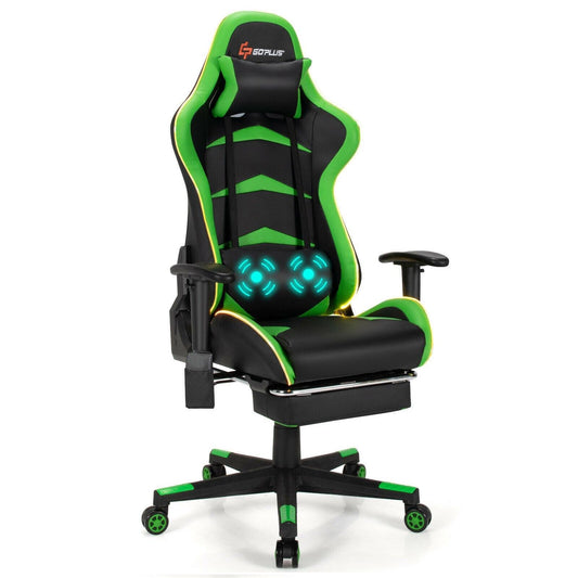 Massage LED Gaming Chair with Lumbar Support and Footrest, Green