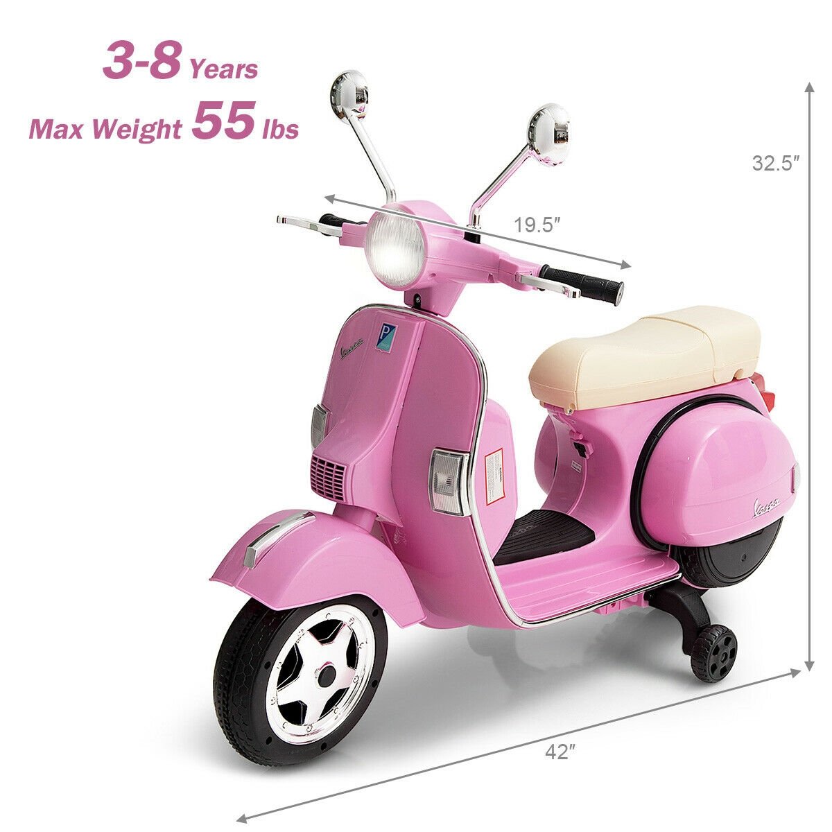 6V Kids Ride on Vespa Scooter Motorcycle with Headlight, Pink - Gallery Canada
