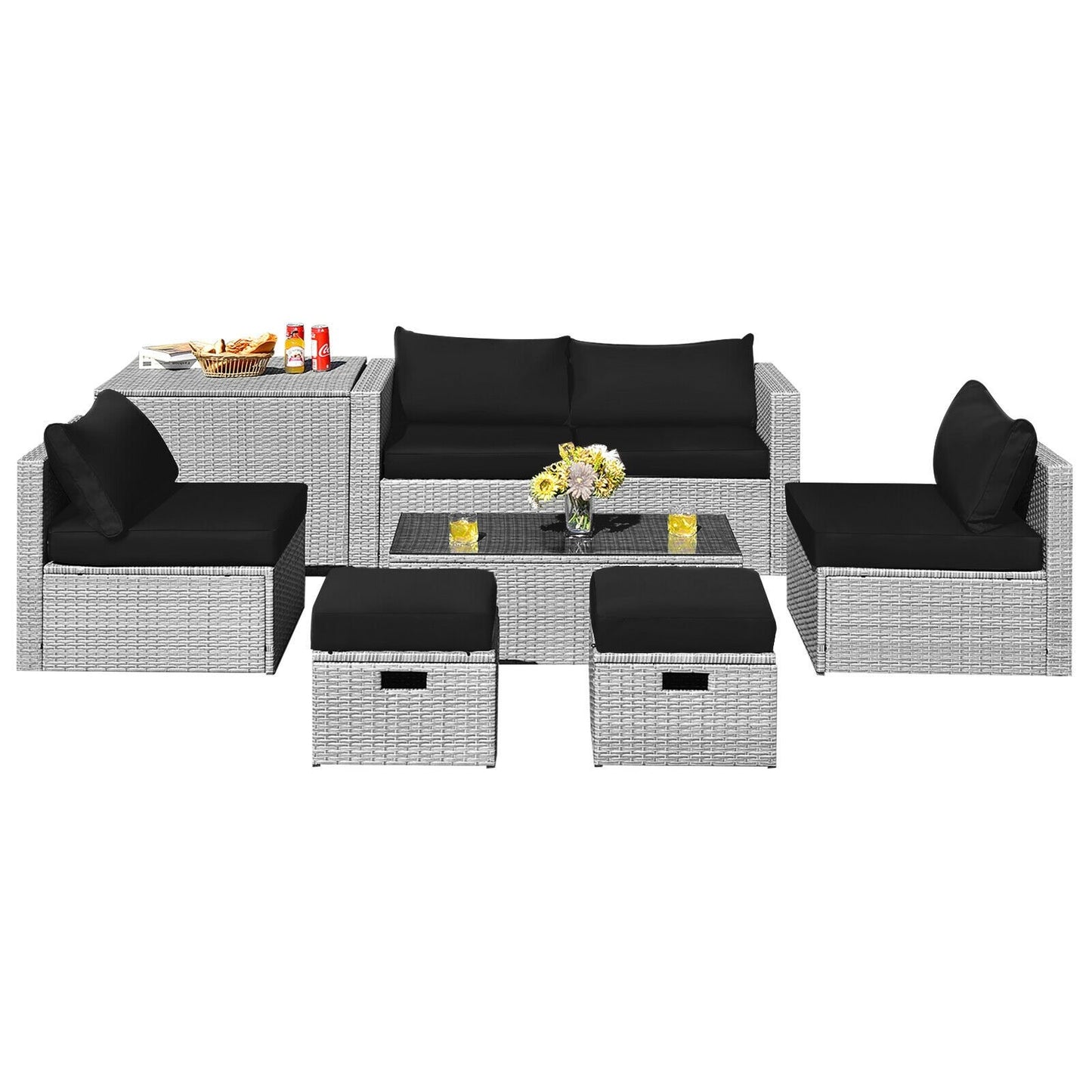 8 Pieces Patio Rattan Furniture Set with Storage Waterproof Cover and Cushion, Black Outdoor Sectionals Black at Gallery Canada
