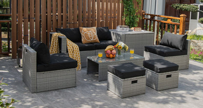 8 Pieces Patio Rattan Furniture Set with Storage Waterproof Cover and Cushion, Black Outdoor Sectionals at Gallery Canada