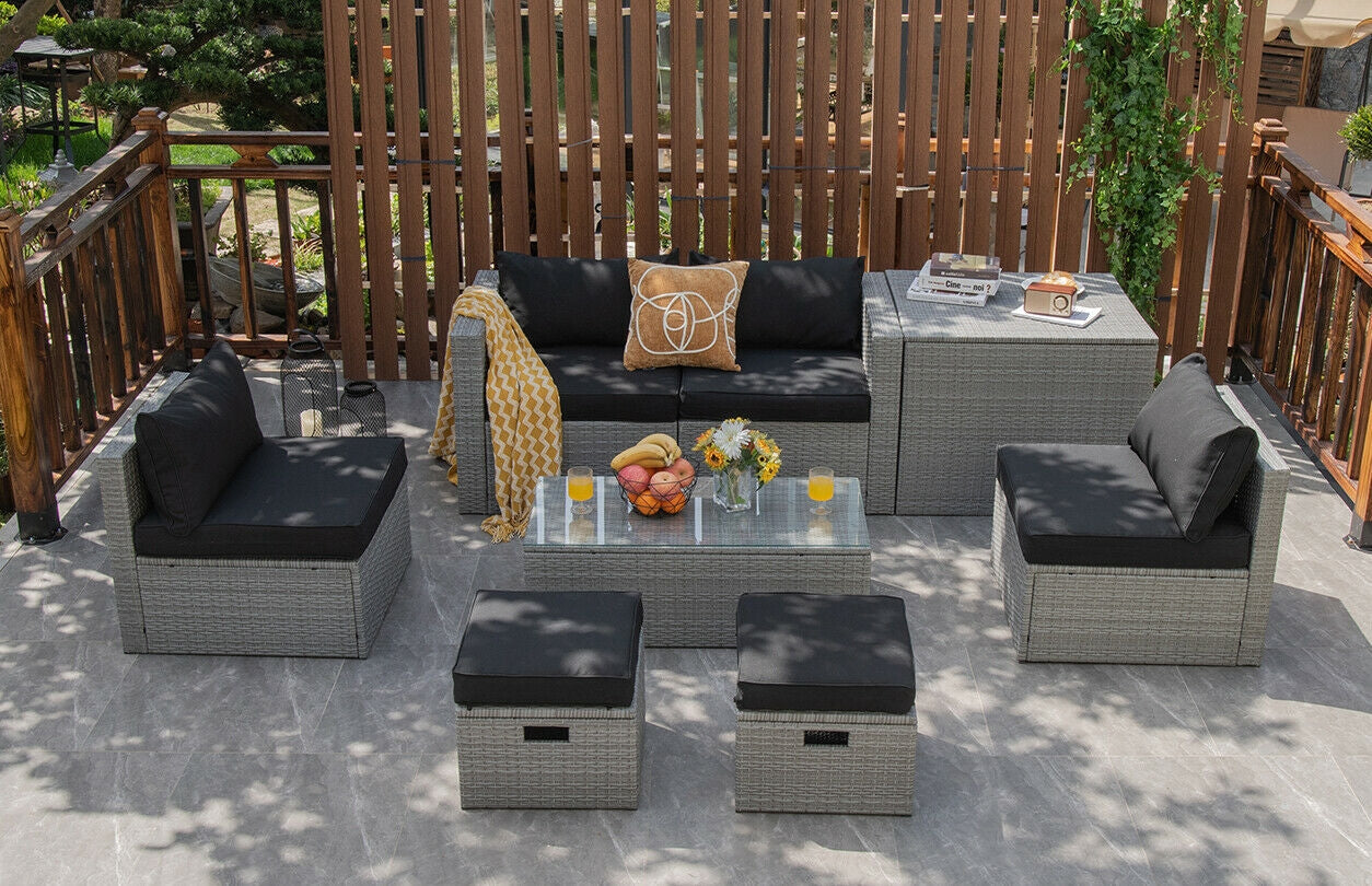 8 Pieces Patio Rattan Furniture Set with Storage Waterproof Cover and Cushion, Black Outdoor Sectionals at Gallery Canada