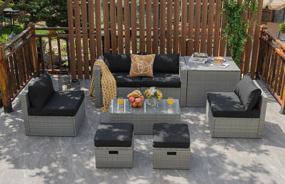 8 Pieces Patio Rattan Furniture Set with Storage Waterproof Cover and Cushion, Black Outdoor Sectionals at Gallery Canada