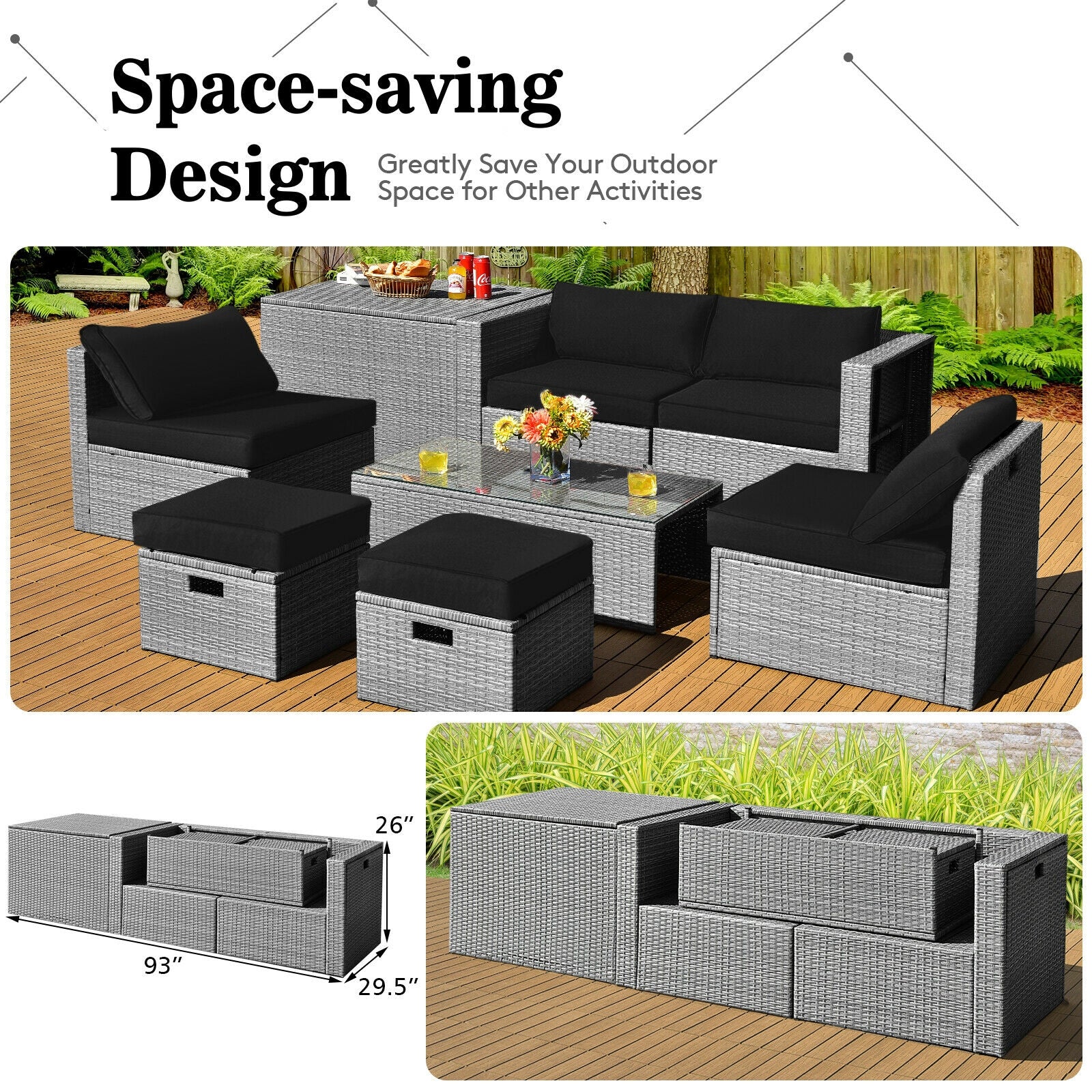 8 Pieces Patio Rattan Furniture Set with Storage Waterproof Cover and Cushion, Black Outdoor Sectionals at Gallery Canada