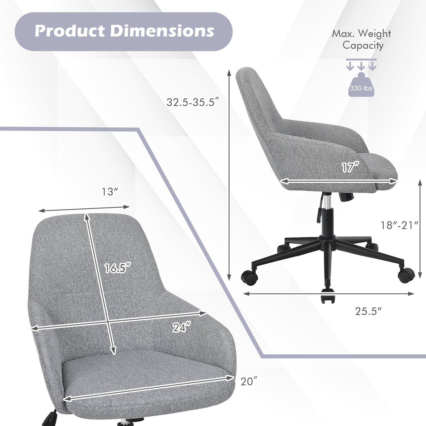 Linen Accent Adjustable Rolling Swivel Home Office Chair with Armrest, Gray - Gallery Canada