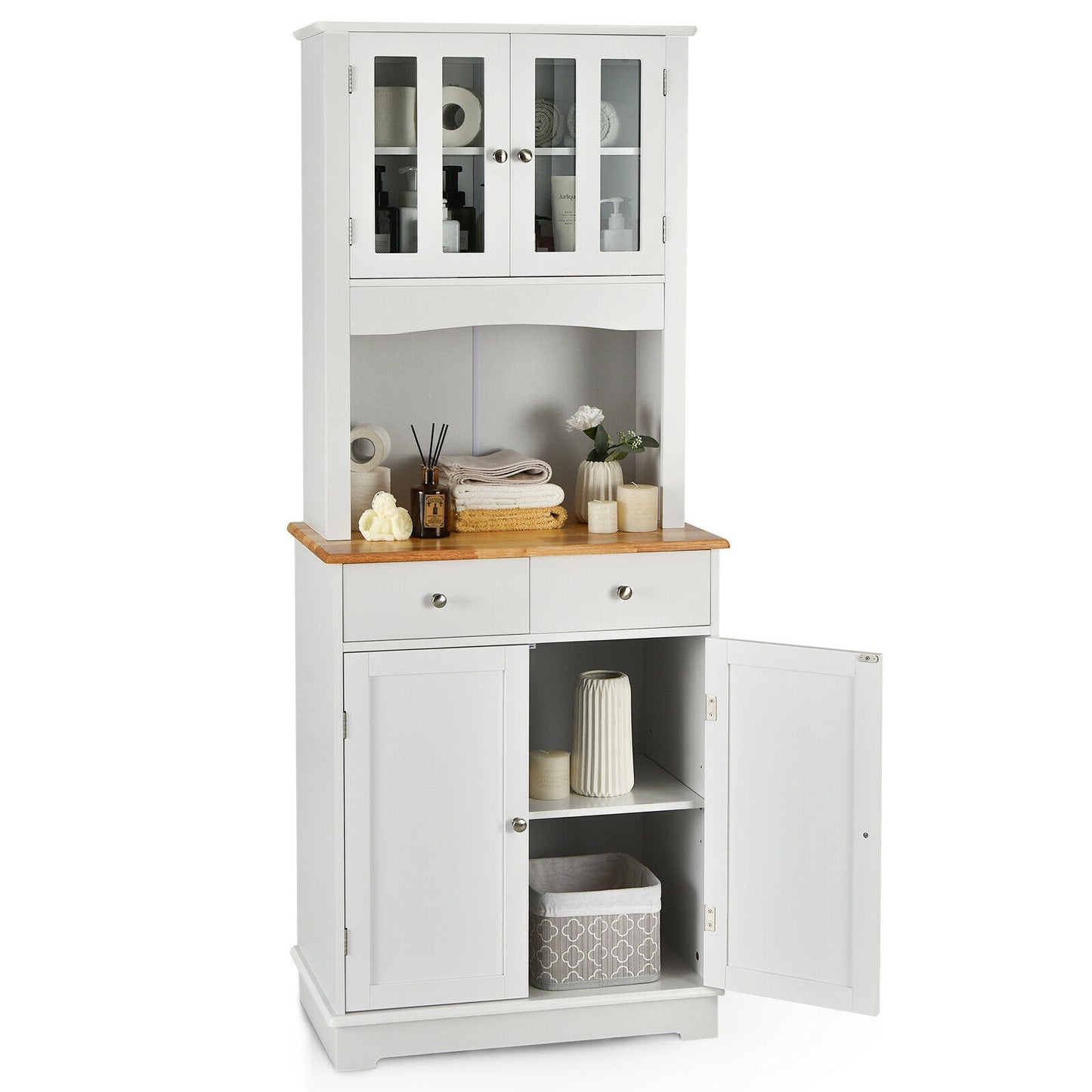 Kitchen Pantry Cabinet with Wood Top and Hutch, White Sideboards Cabinets & Buffets at Gallery Canada