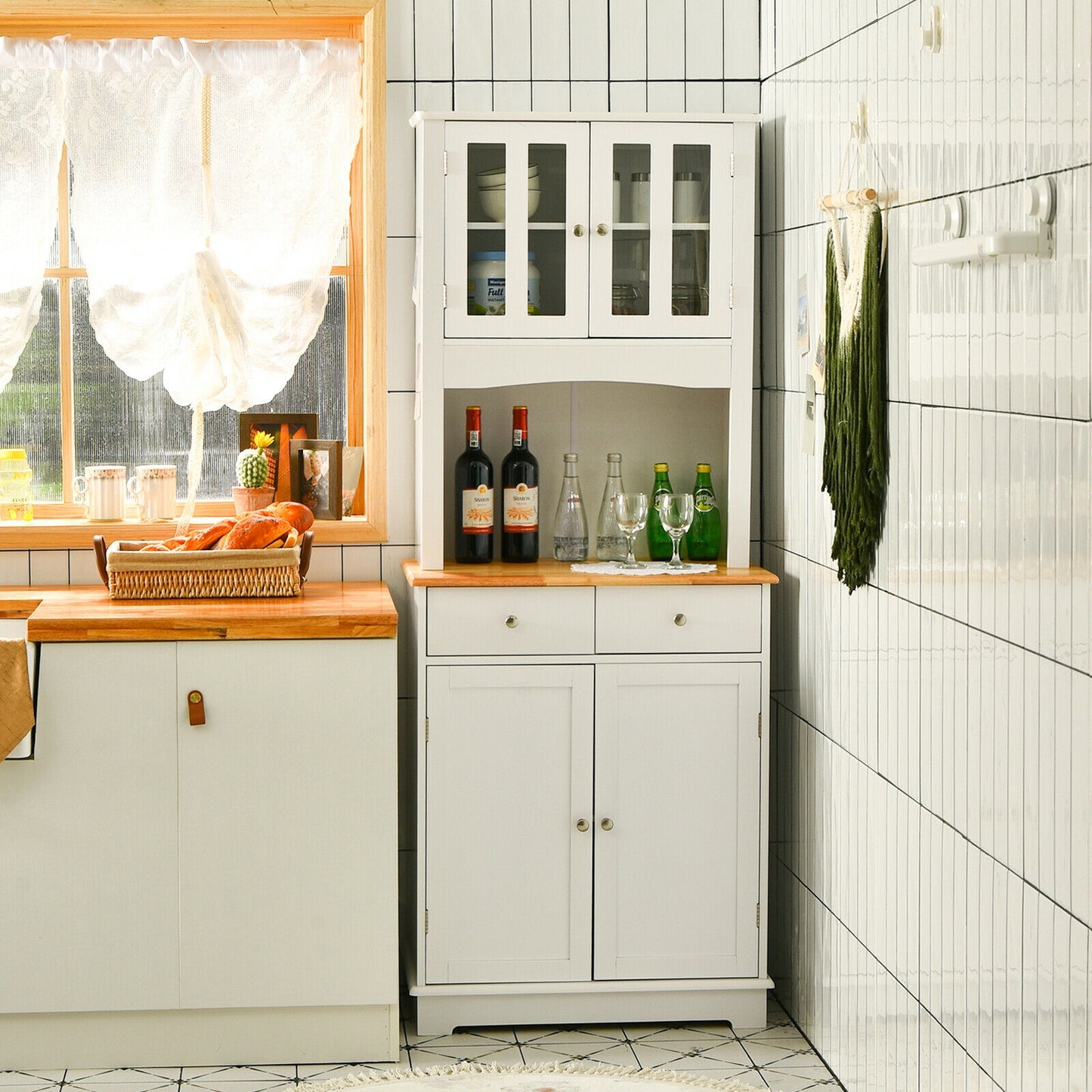 Kitchen Pantry Cabinet with Wood Top and Hutch, White Sideboards Cabinets & Buffets at Gallery Canada