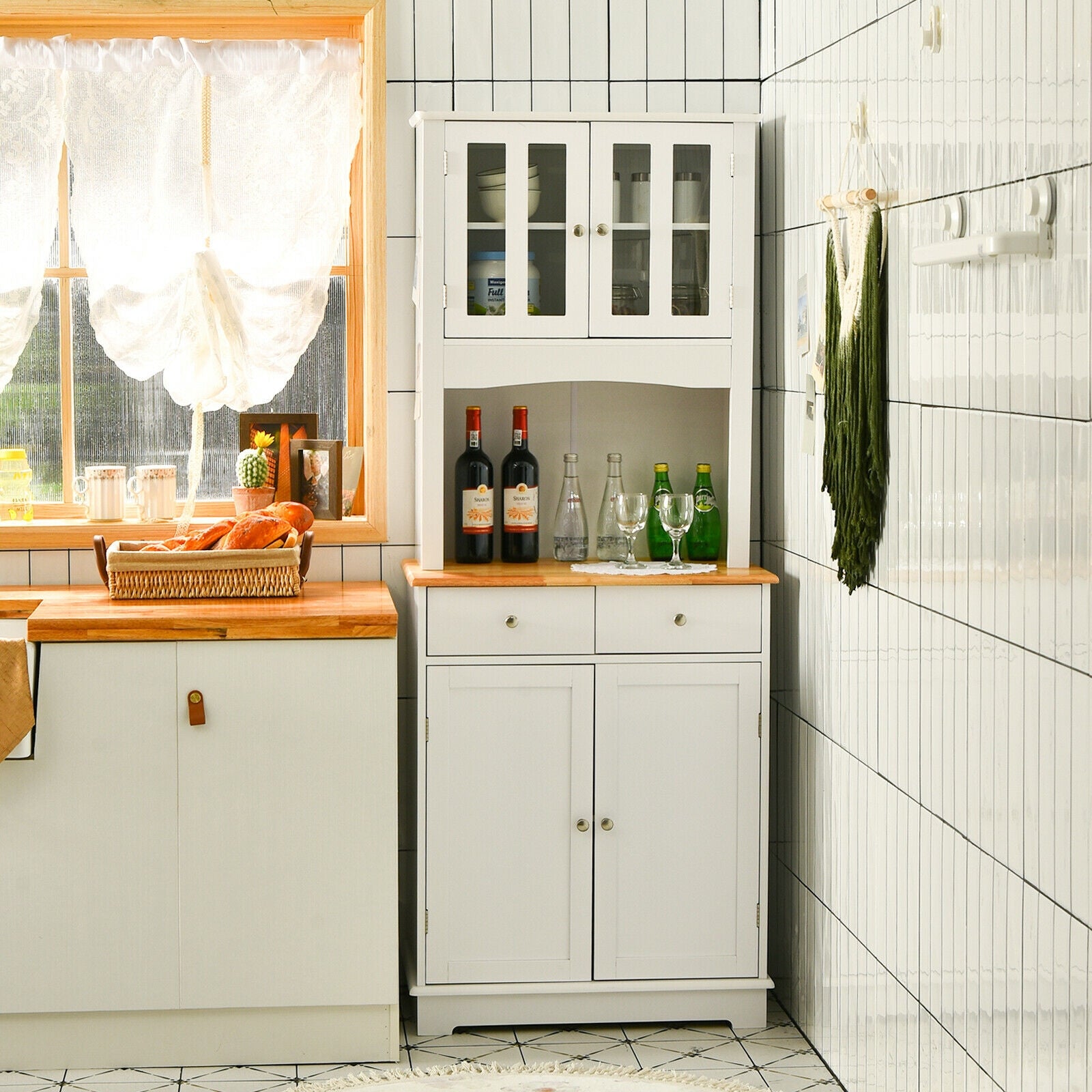 Kitchen Pantry Cabinet with Wood Top and Hutch, White Sideboards Cabinets & Buffets at Gallery Canada
