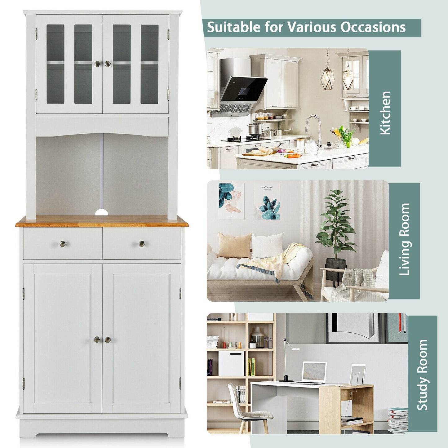 Kitchen Pantry Cabinet with Wood Top and Hutch, White Sideboards Cabinets & Buffets at Gallery Canada