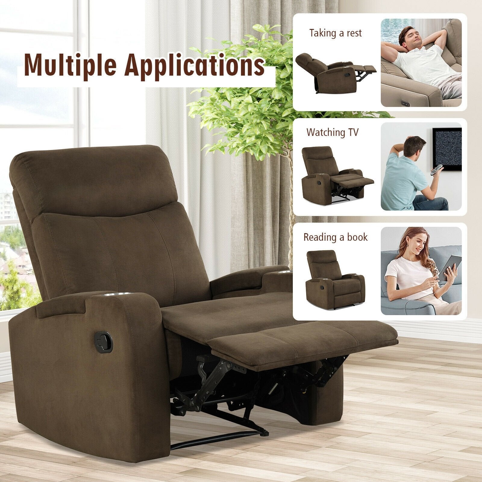 Recliner Chair Single Sofa Lounger with Arm Storage and Cup Holder for Living Room, Brown - Gallery Canada