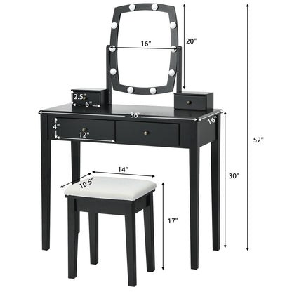 Vanity Table Set with Lighted Mirror for Bedroom and Dressing Room, Black - Gallery Canada