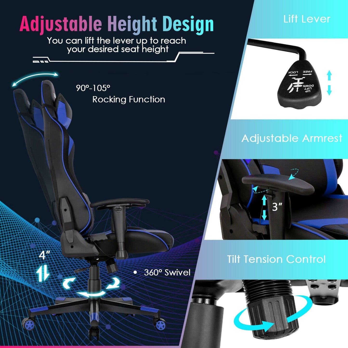 Gaming Chair Adjustable Swivel Computer Chair with Dynamic LED Lights, Blue at Gallery Canada