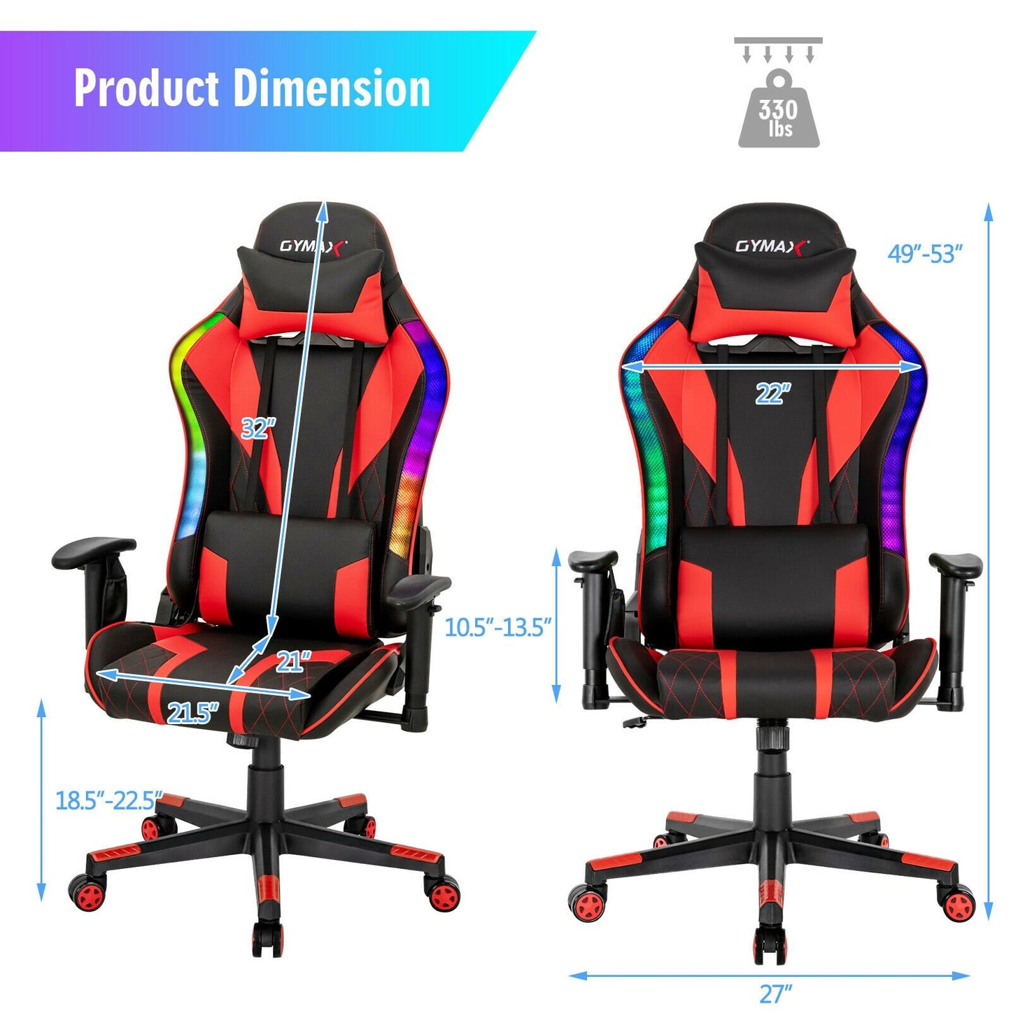 Gaming Chair Adjustable Swivel Computer Chair with Dynamic LED Lights, Red - Gallery Canada