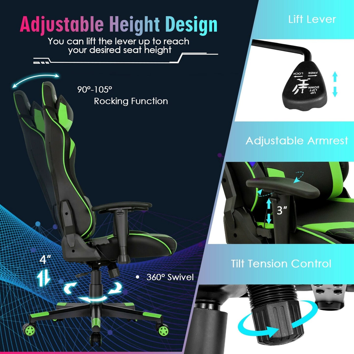 Gaming Chair Adjustable Swivel Computer Chair with Dynamic LED Lights, Green - Gallery Canada