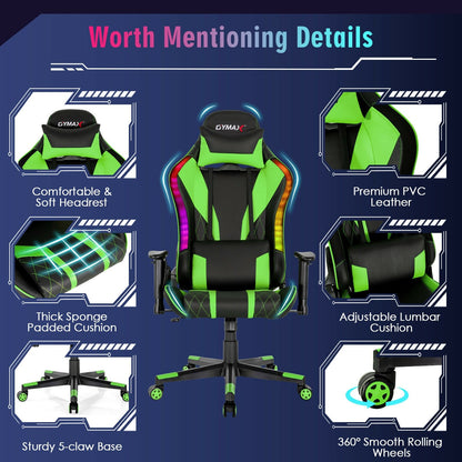Gaming Chair Adjustable Swivel Computer Chair with Dynamic LED Lights, Green - Gallery Canada