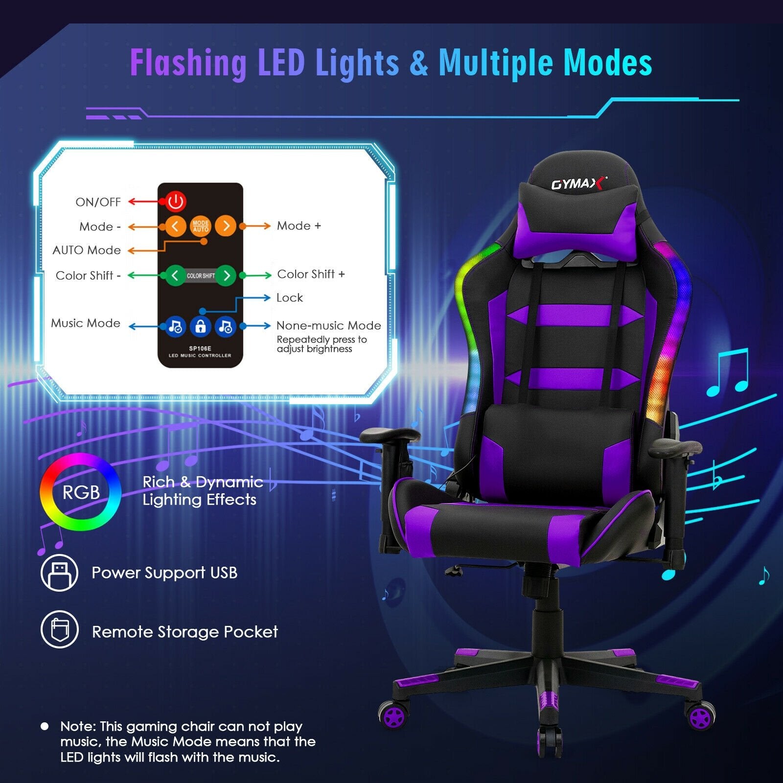 Adjustable Swivel Gaming Chair with LED Lights and Remote, Purple - Gallery Canada