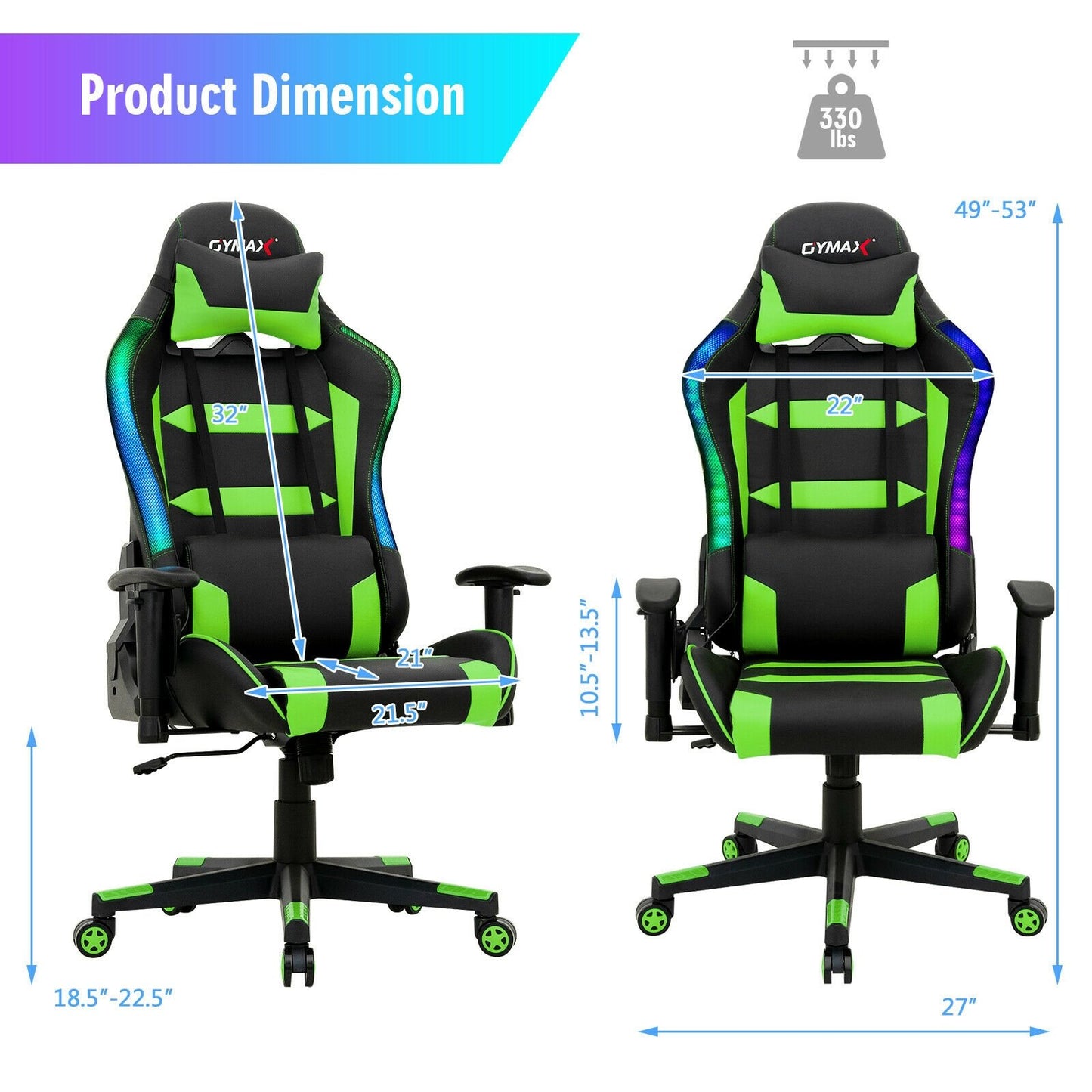 Adjustable Swivel Gaming Chair with LED Lights and Remote, Green - Gallery Canada