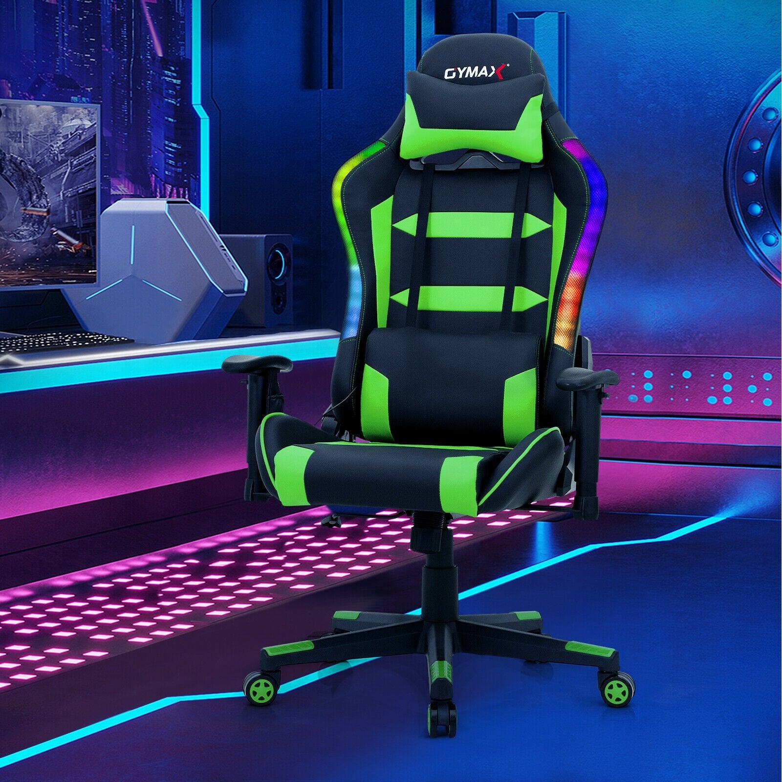 Adjustable Swivel Gaming Chair with LED Lights and Remote, Green - Gallery Canada