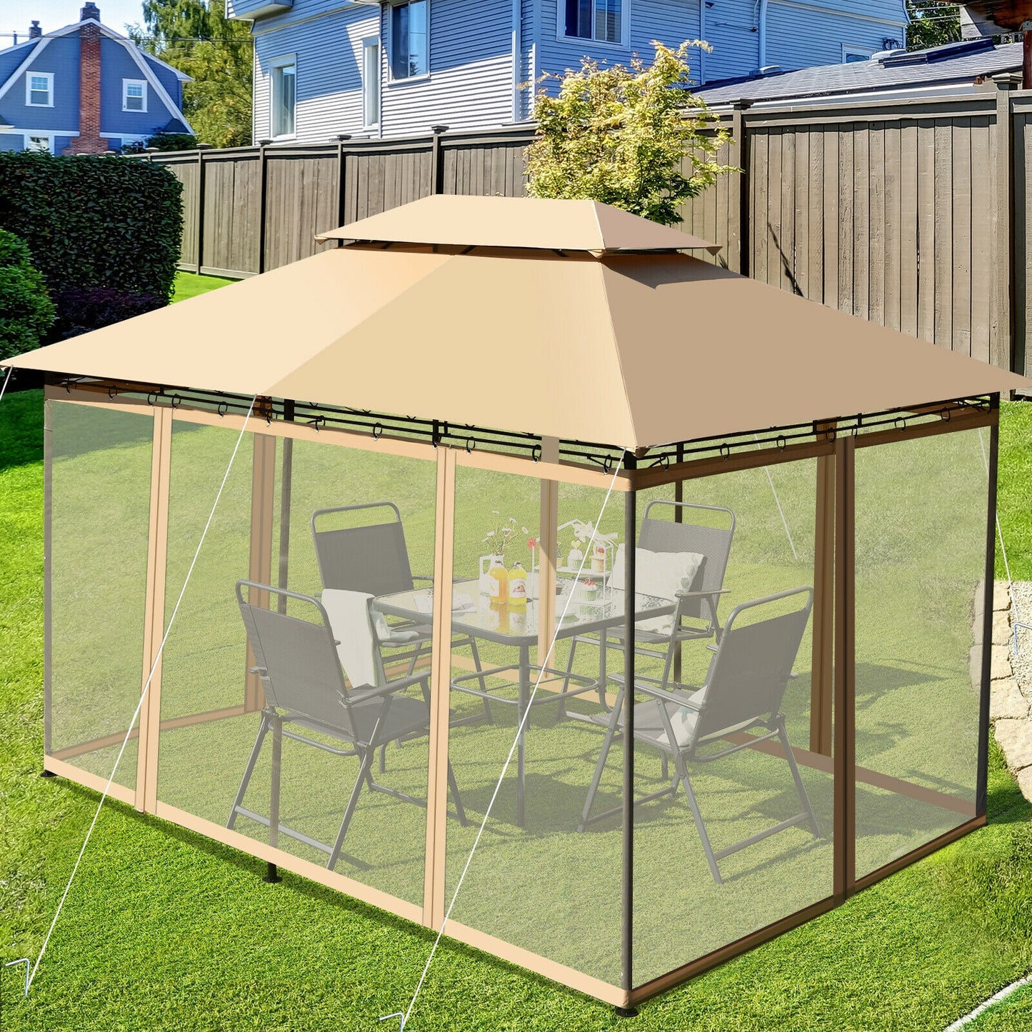10 Feet x 13 Feet Tent Canopy Shelter with Removable Netting Sidewall, Tan Gazebos at Gallery Canada