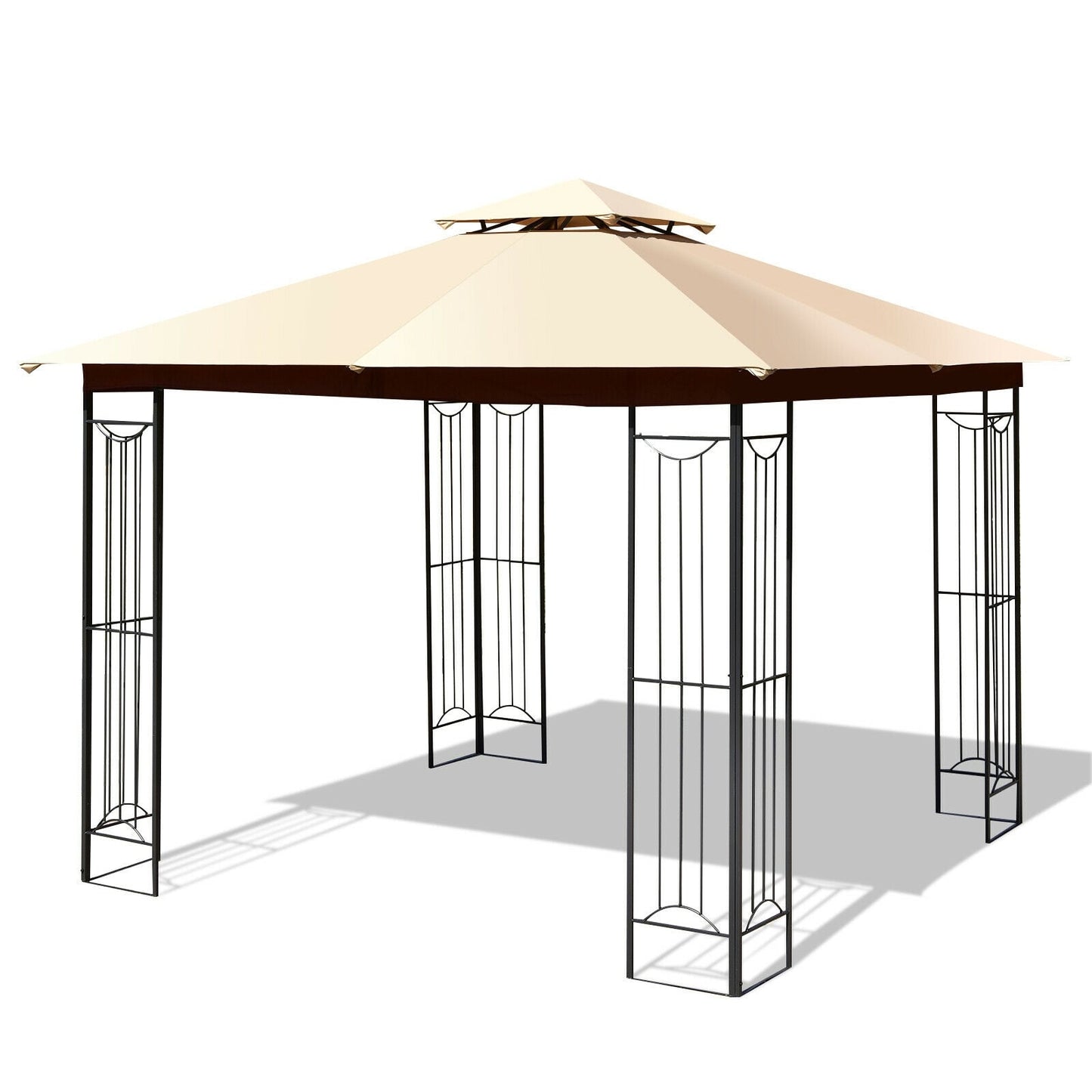10x10 Feet L-Shaped Patio Canopy Gazebo, 2-Tier Steel Tent, Beige Gazebos at Gallery Canada
