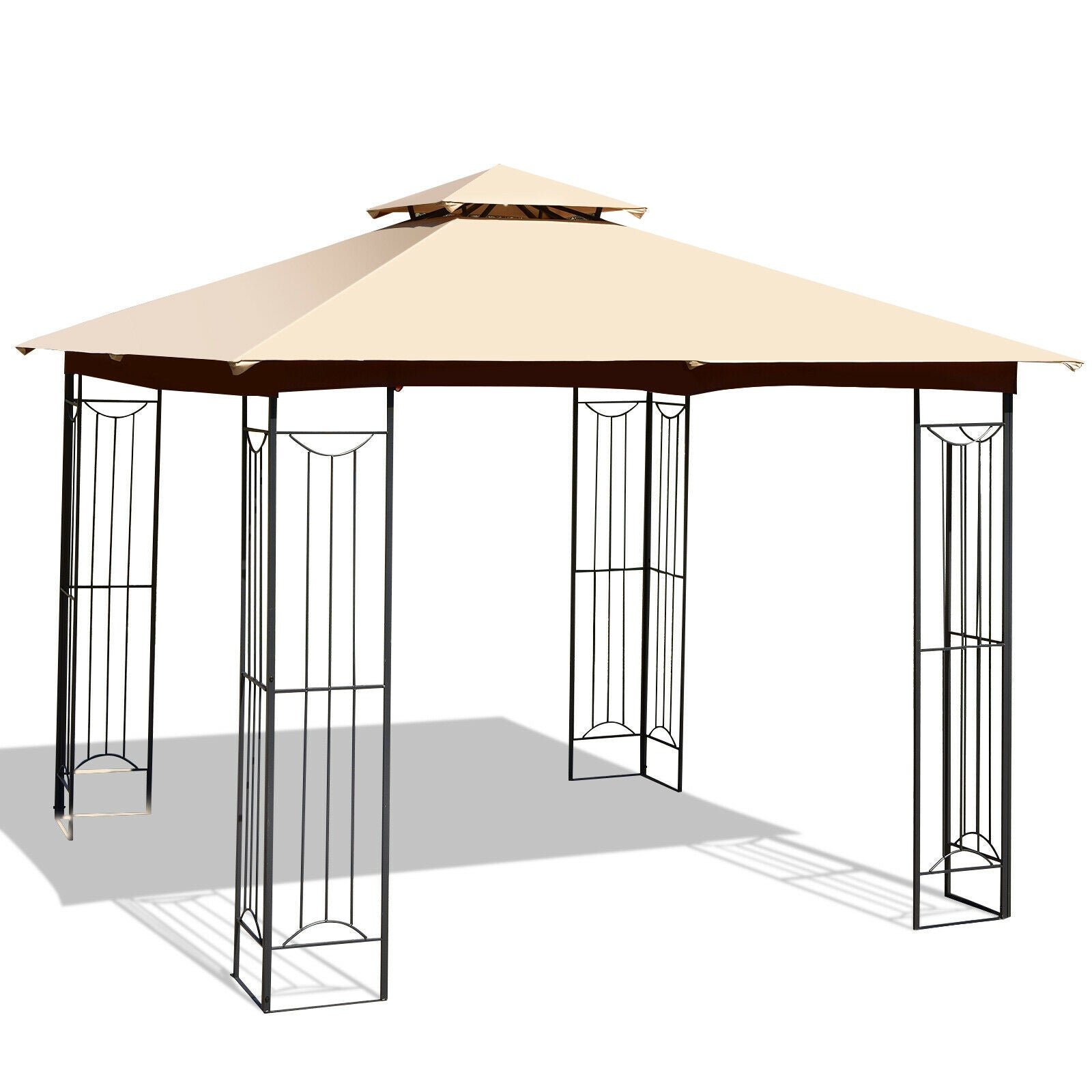 10 x 10 Feet L-Shaped Patio Canopy Gazebo Outdoor 2-Tier Steel Tent, Beige Gazebos at Gallery Canada