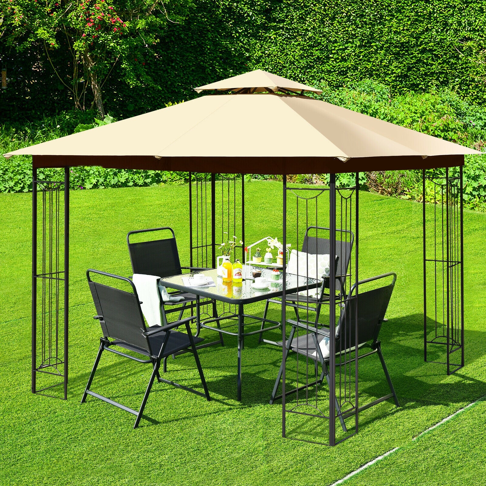 10x10 Feet L-Shaped Patio Canopy Gazebo, 2-Tier Steel Tent, Beige Gazebos at Gallery Canada