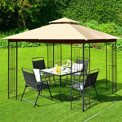 10x10 Feet L-Shaped Patio Canopy Gazebo, 2-Tier Steel Tent, Beige Gazebos at Gallery Canada