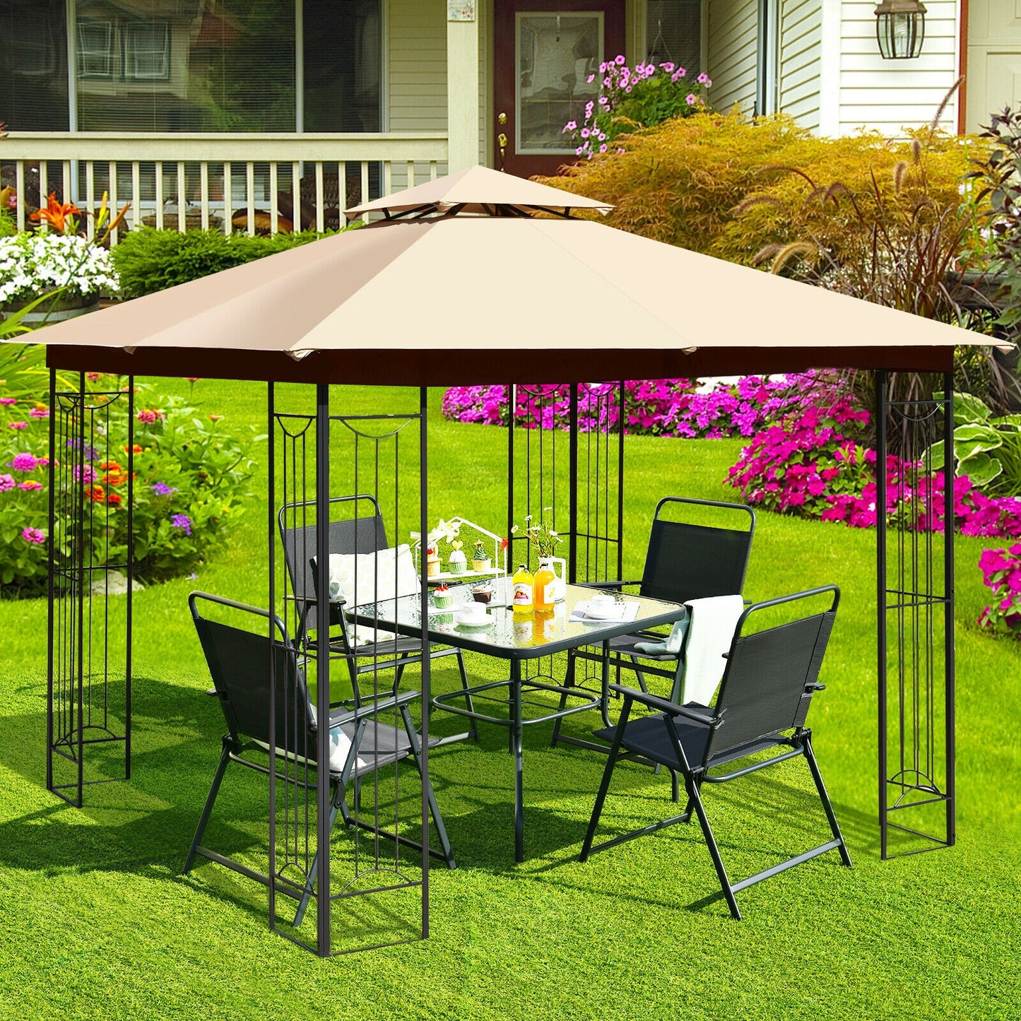 10 x 10 Feet L-Shaped Patio Canopy Gazebo Outdoor 2-Tier Steel Tent, Beige Gazebos at Gallery Canada