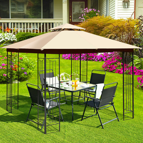 10 x 10 Feet L-Shaped Patio Canopy Gazebo Outdoor 2-Tier Steel Tent, Beige