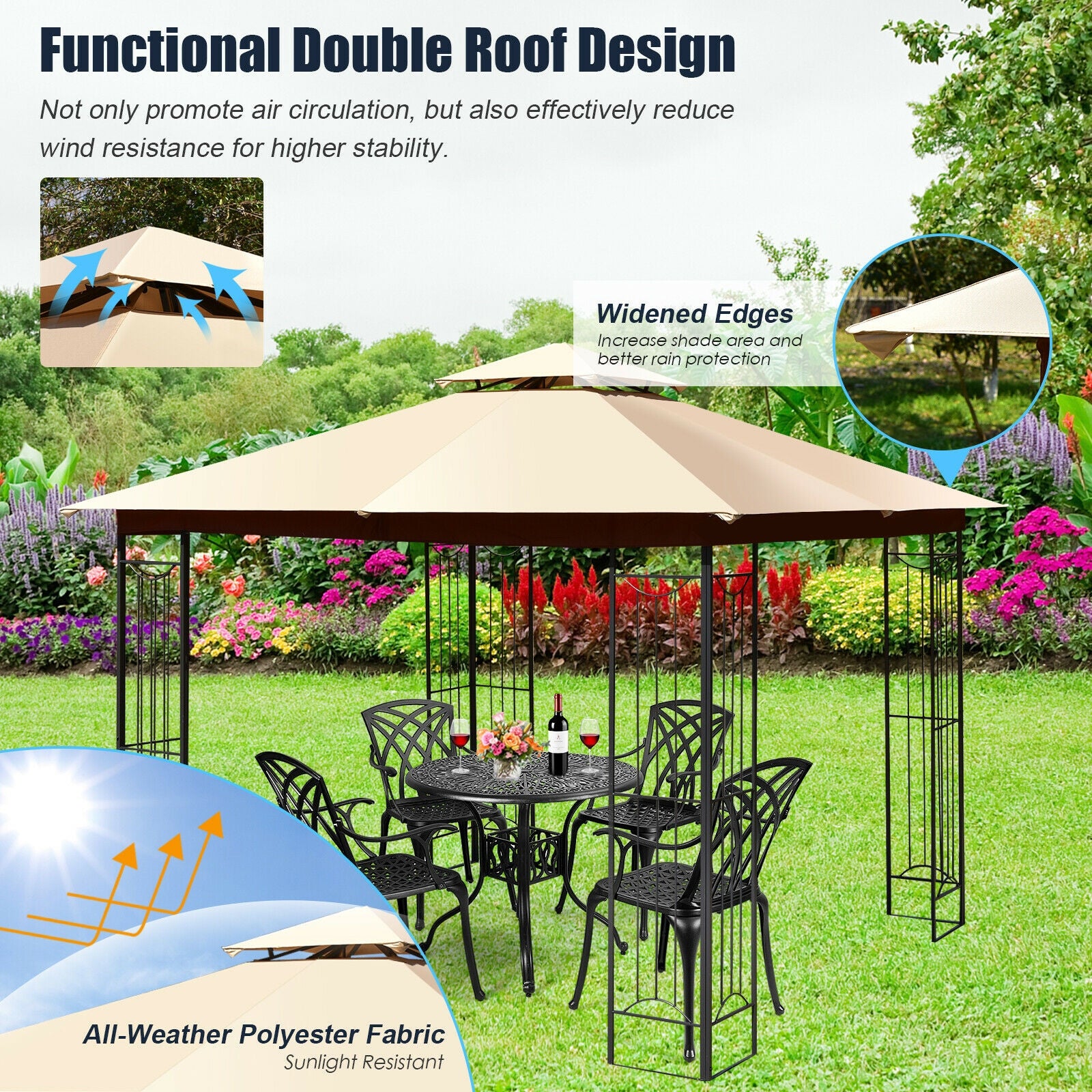10 x 10 Feet L-Shaped Patio Canopy Gazebo Outdoor 2-Tier Steel Tent, Beige Gazebos at Gallery Canada