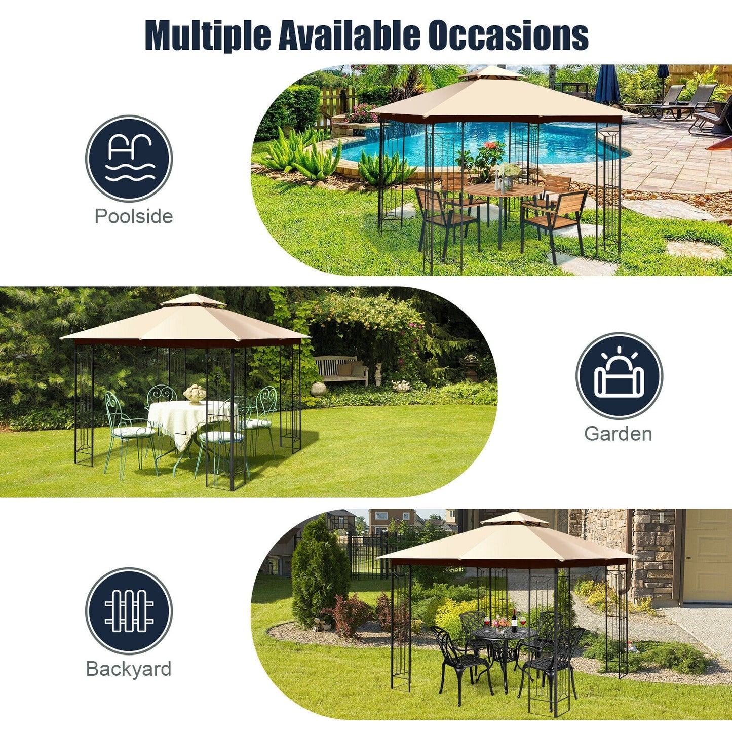 10 x 10 Feet L-Shaped Patio Canopy Gazebo Outdoor 2-Tier Steel Tent, Beige Gazebos at Gallery Canada