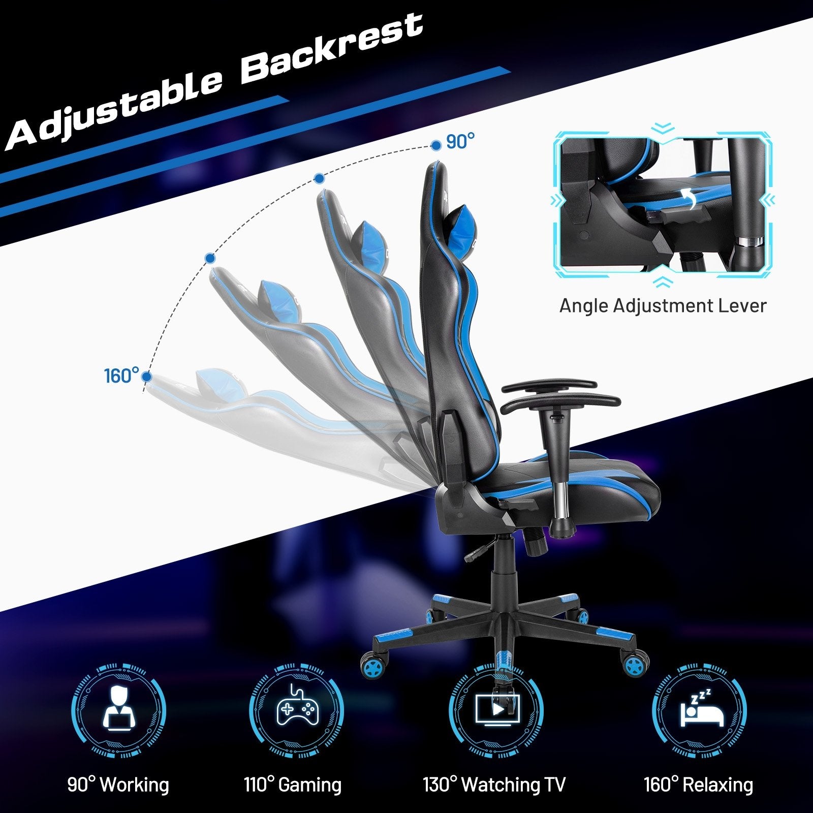 Gaming Chair Adjustable Swivel Racing Style Computer Office Chair, Blue - Gallery Canada