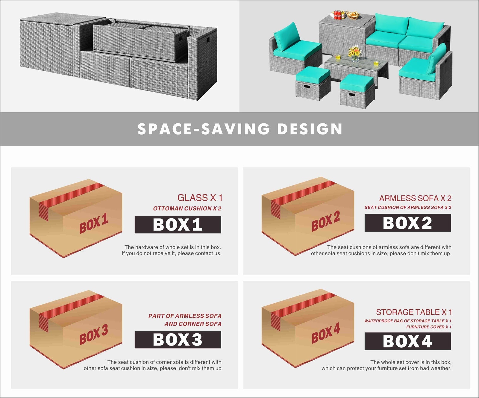 8 Pieces Patio Rattan Furniture Set with Storage Waterproof Cover and Cushion, Turquoise Outdoor Sectionals at Gallery Canada