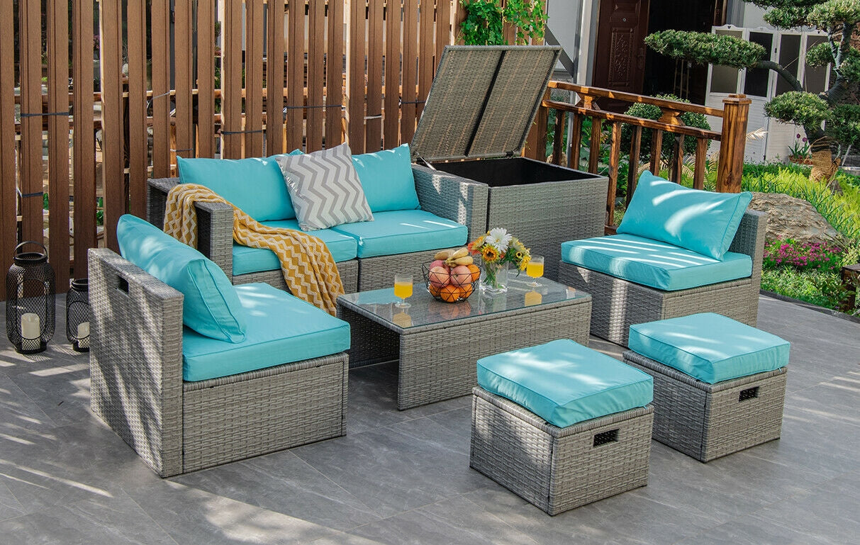 8 Pieces Patio Rattan Furniture Set with Storage Waterproof Cover and Cushion, Turquoise Outdoor Sectionals at Gallery Canada