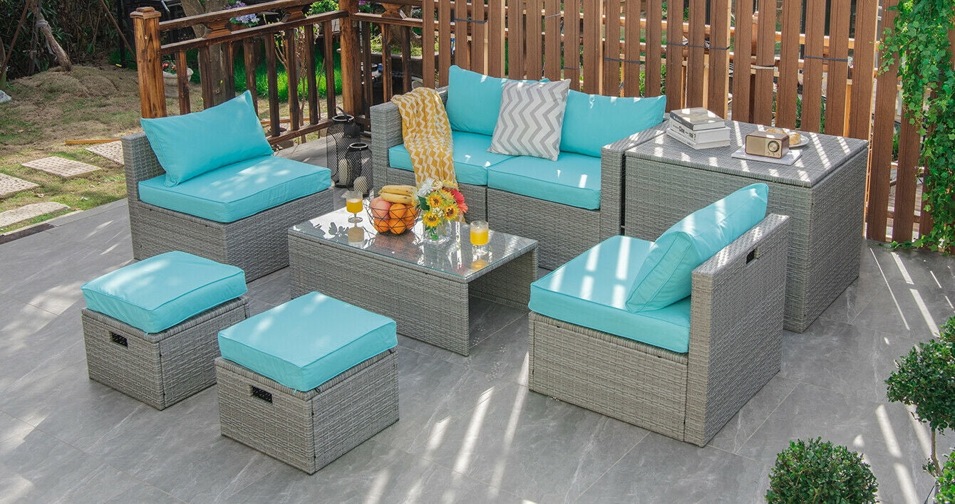 8 Pieces Patio Rattan Furniture Set with Storage Waterproof Cover and Cushion, Turquoise Outdoor Sectionals at Gallery Canada