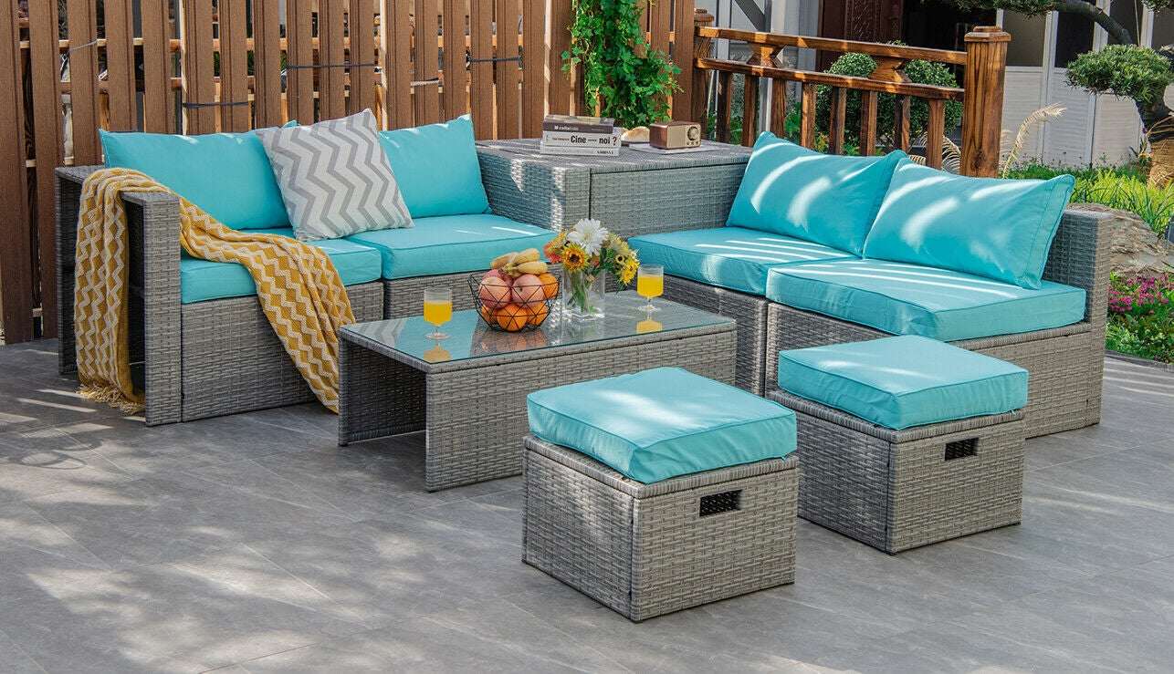 8 Pieces Patio Rattan Furniture Set with Storage Waterproof Cover and Cushion, Turquoise Outdoor Sectionals at Gallery Canada