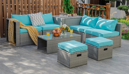 8 Pieces Patio Rattan Furniture Set with Storage Waterproof Cover and Cushion, Turquoise Outdoor Sectionals at Gallery Canada