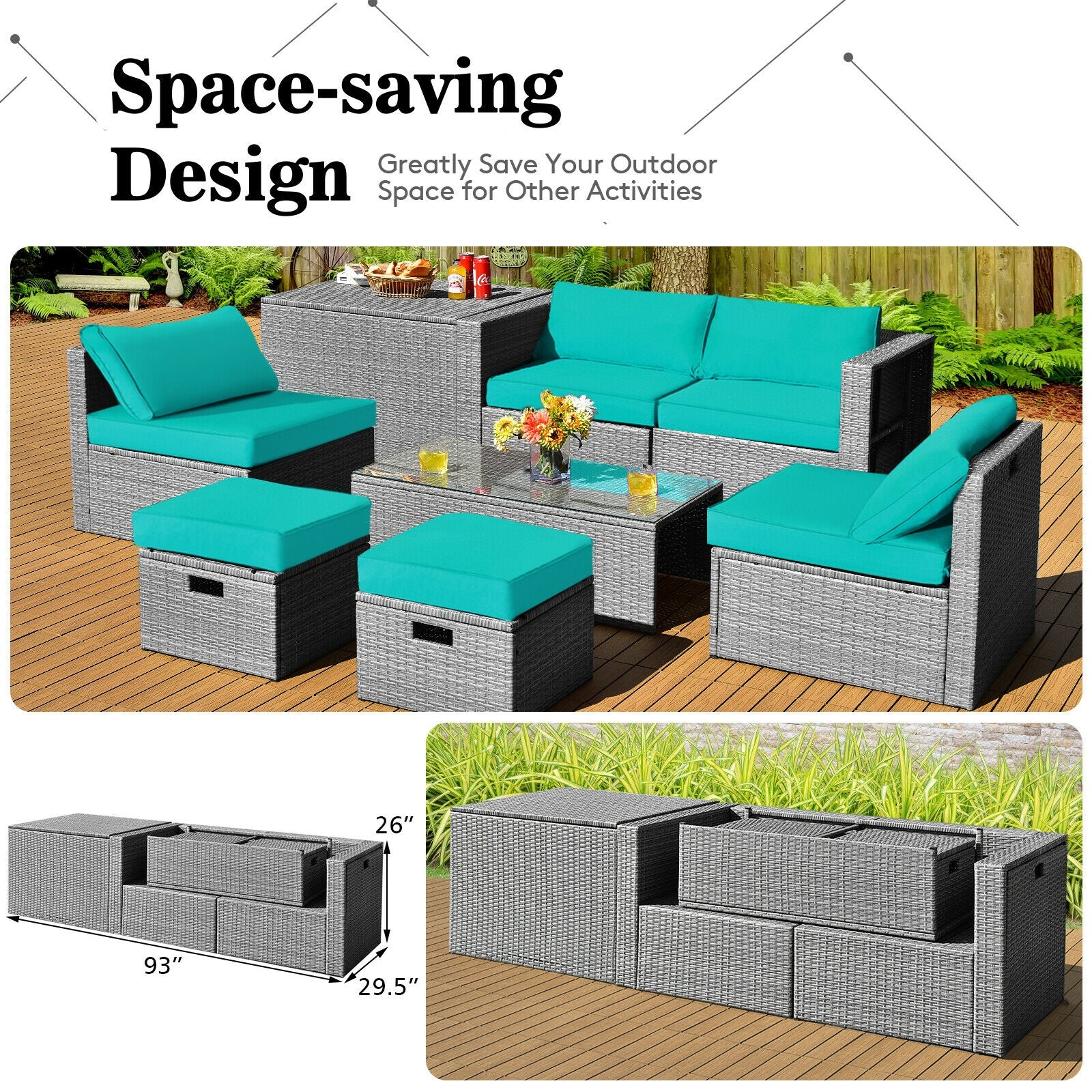 8 Pieces Patio Rattan Furniture Set with Storage Waterproof Cover and Cushion, Turquoise Outdoor Sectionals at Gallery Canada