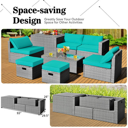 8 Pieces Patio Rattan Furniture Set with Storage Waterproof Cover and Cushion, Turquoise Outdoor Sectionals at Gallery Canada