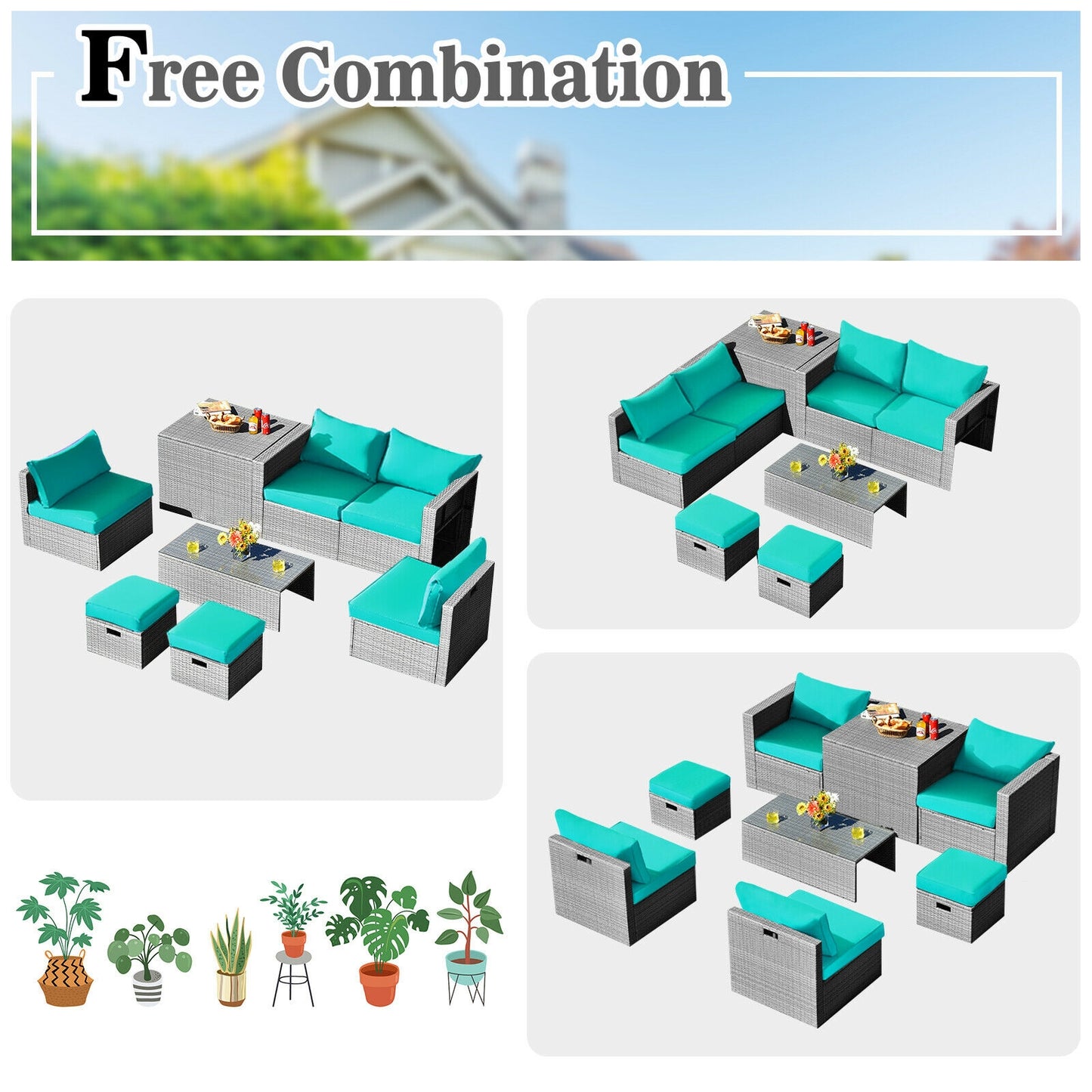 8 Pieces Patio Rattan Furniture Set with Storage Waterproof Cover and Cushion, Turquoise Outdoor Sectionals at Gallery Canada