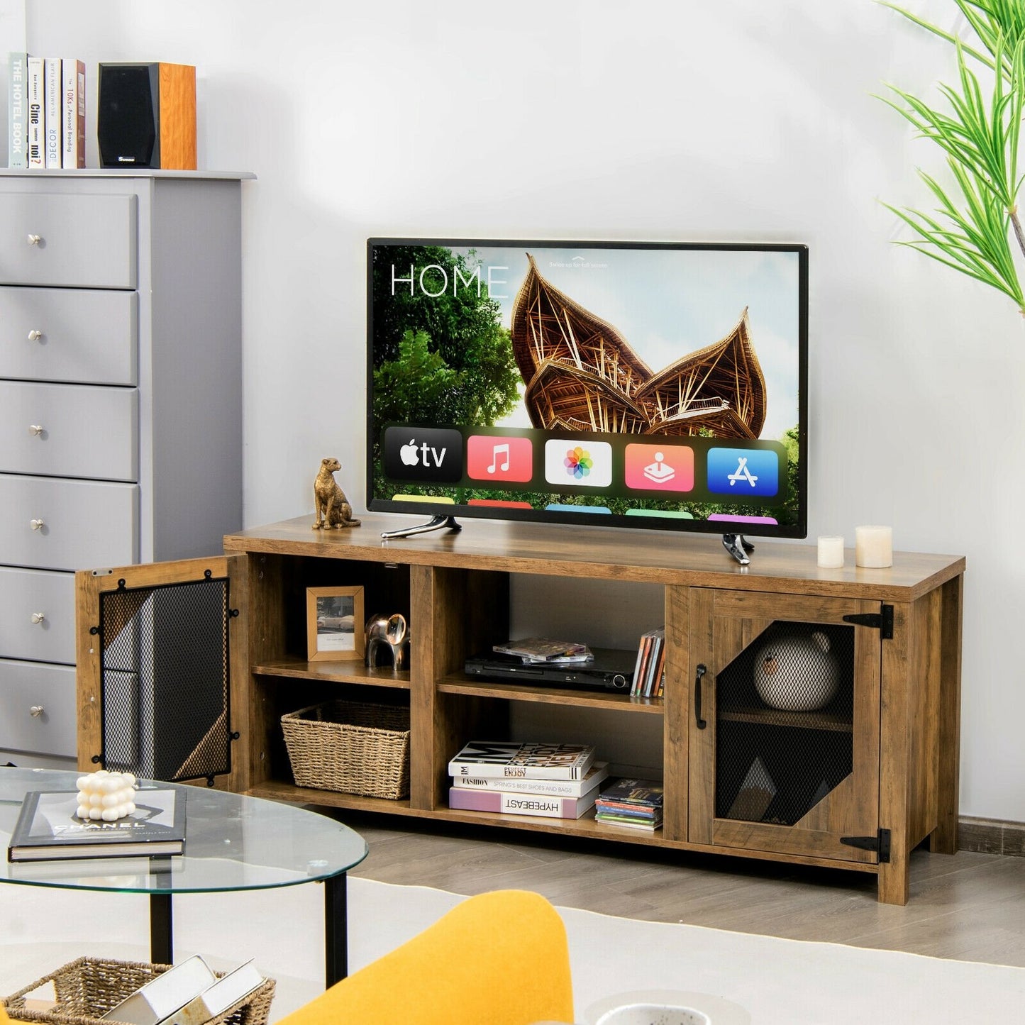 TV Stand Entertainment Media Center for TVs up to 65-Inch with Steel Mesh Doors, Rustic Brown - Gallery Canada