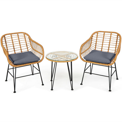 3 Pieces Rattan Furniture Set with Cushioned Chair Table, Gray Patio Conversation Sets Gray at Gallery Canada