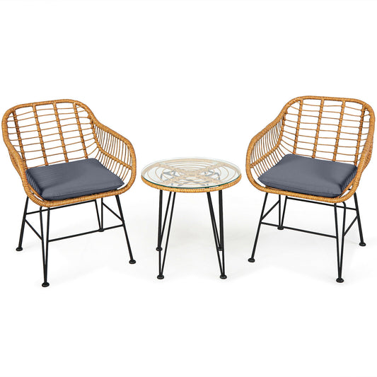 3 Pieces Rattan Furniture Set with Cushioned Chair Table, Gray Patio Conversation Sets Gray at Gallery Canada