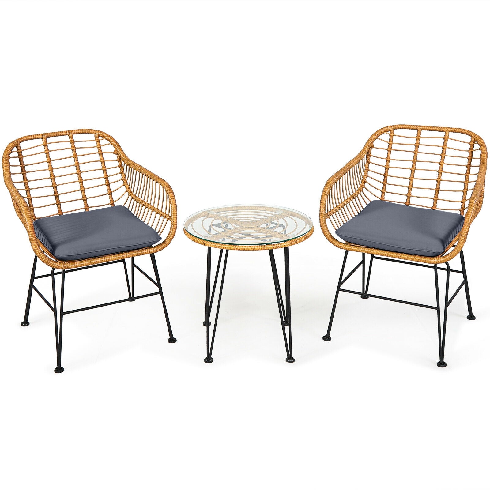 3 Pieces Rattan Furniture Set with Cushioned Chair Table, Gray Patio Conversation Sets at Gallery Canada