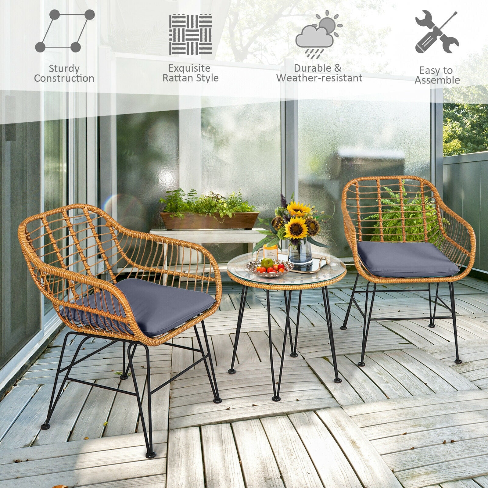 3 Pieces Rattan Furniture Set with Cushioned Chair Table, Gray Patio Conversation Sets at Gallery Canada