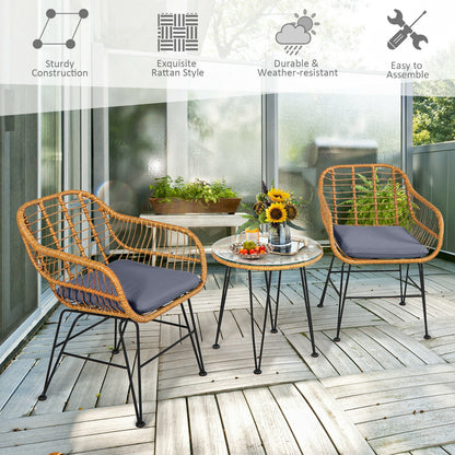 3 Pieces Rattan Furniture Set with Cushioned Chair Table, Gray Patio Conversation Sets at Gallery Canada