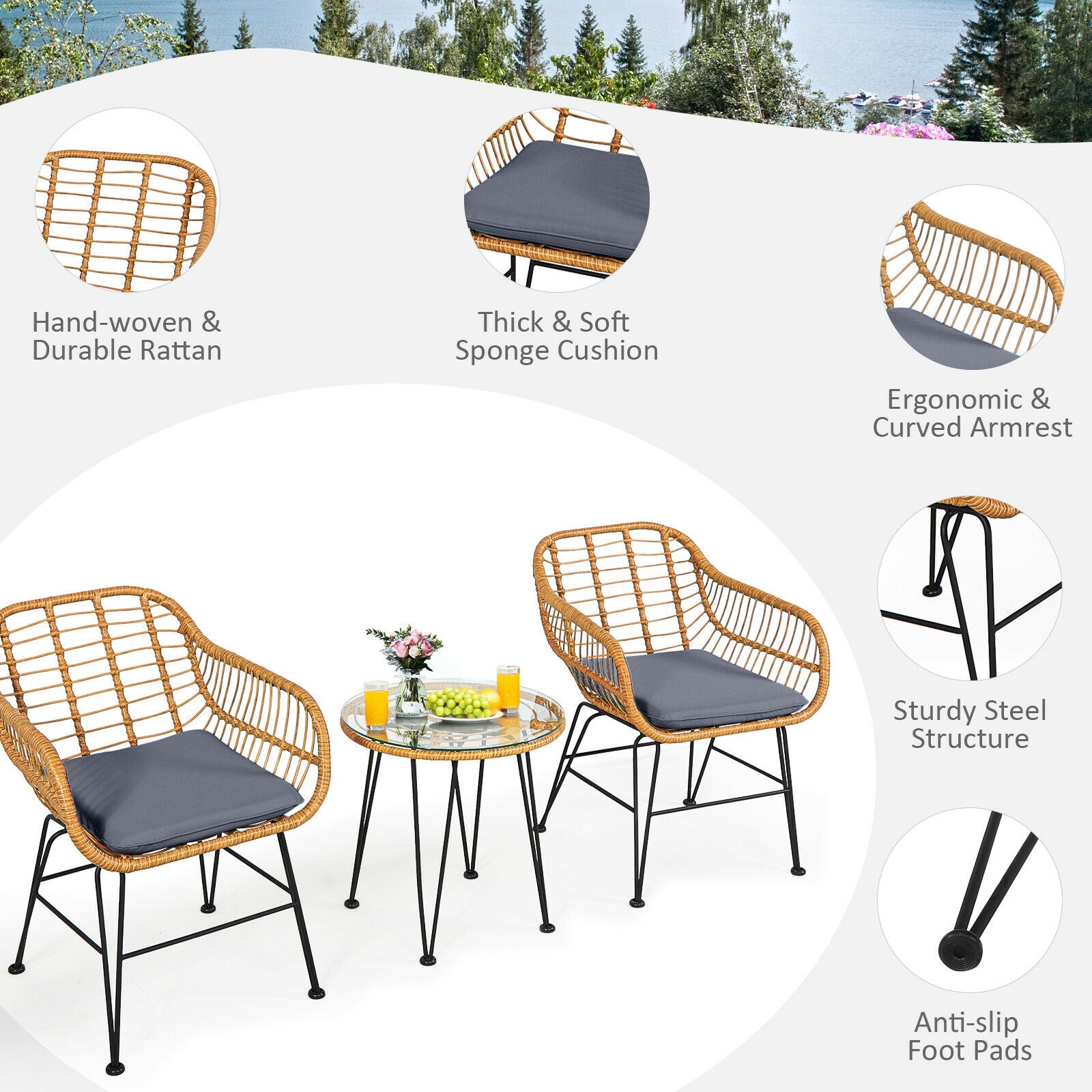 3 Pieces Rattan Furniture Set with Cushioned Chair Table, Gray Patio Conversation Sets at Gallery Canada
