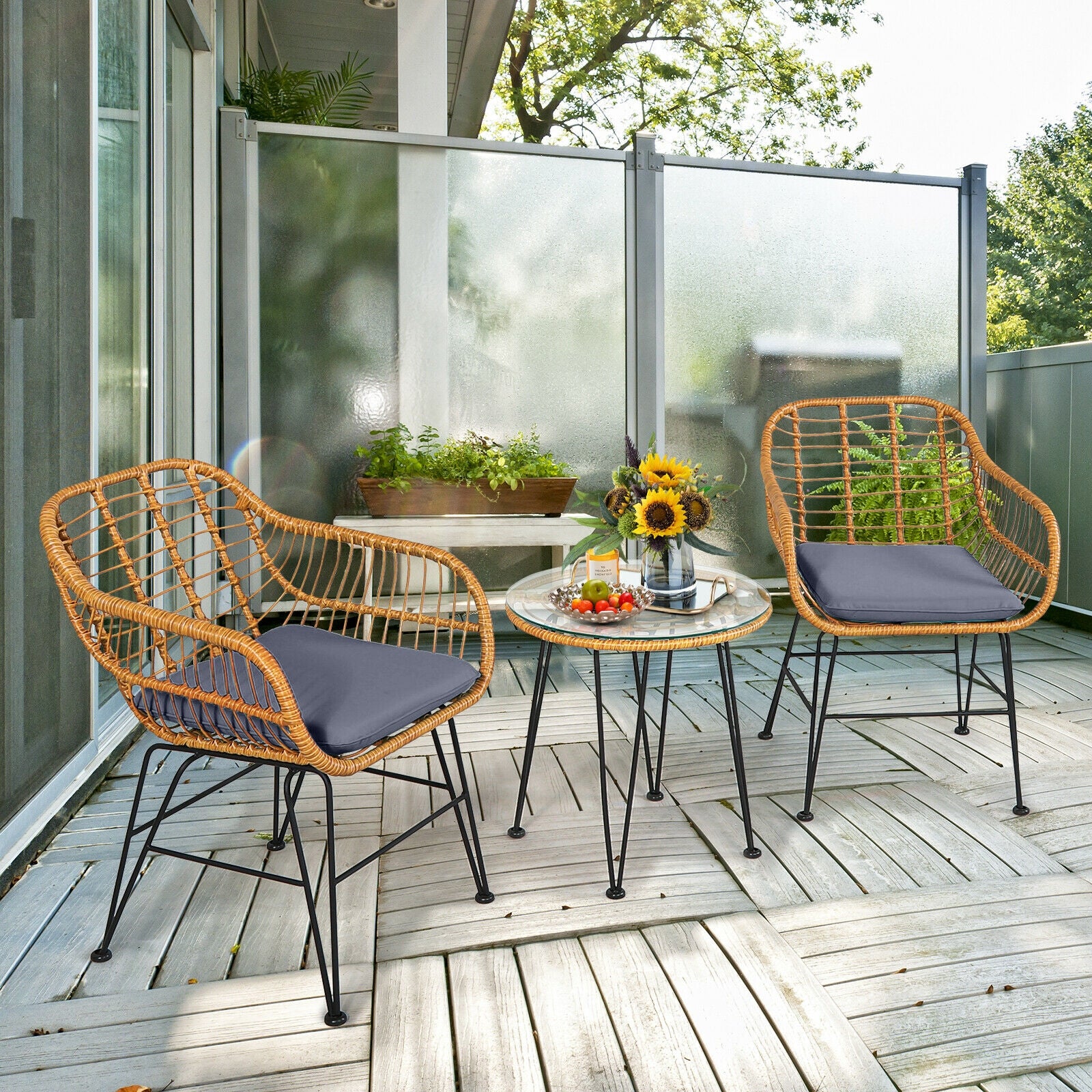 3 Pieces Rattan Furniture Set with Cushioned Chair Table, Gray Patio Conversation Sets at Gallery Canada