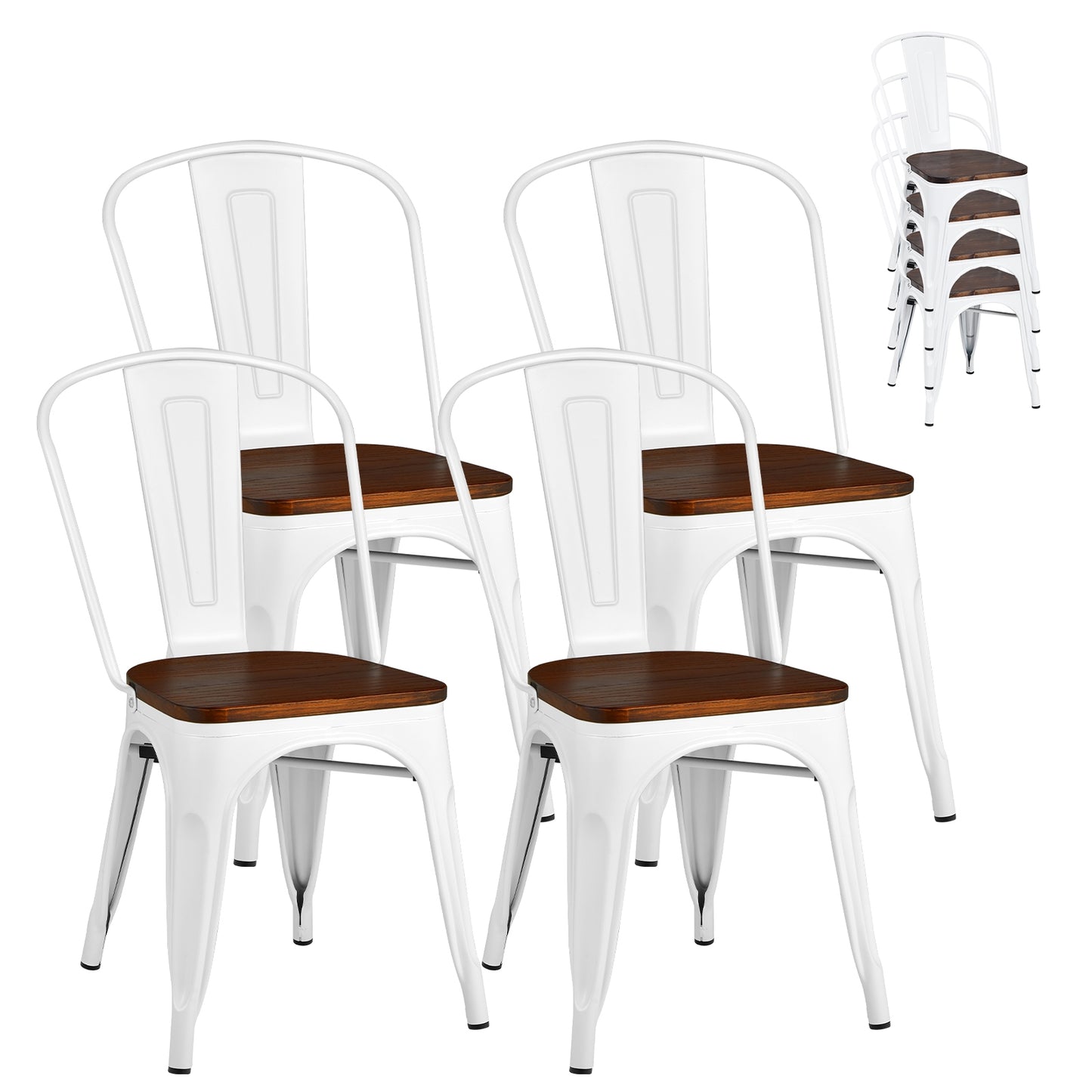 Set of 4 Tolix Style Metal Dining Wood Seat, White Dining Chairs at Gallery Canada